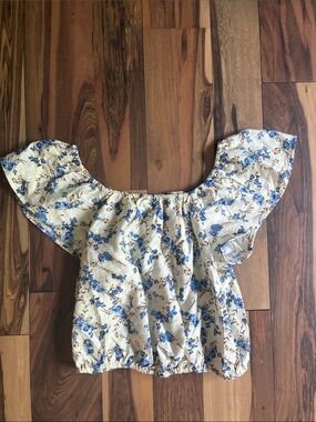 a new day Cream Floral Crop Top with Blue Flowers